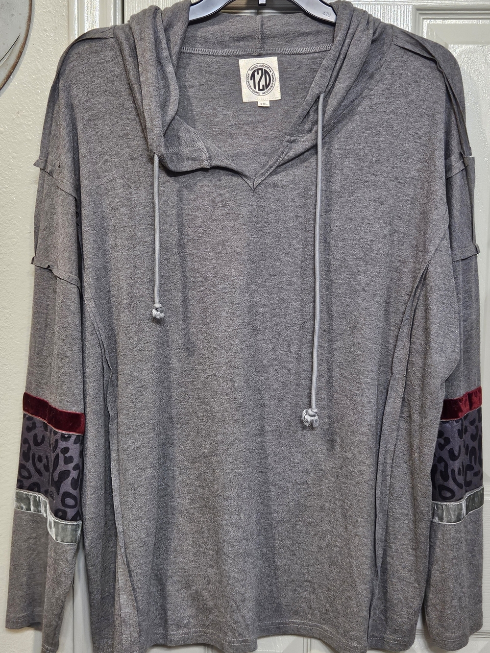T2D Gray Hooded Pullover with Velvet & Leopard Trim